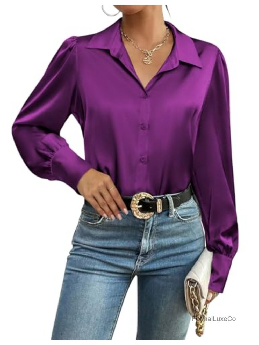 Satin Blouse Lantern Long Sleeve Button Down Silk Dressy Work Tunic Top